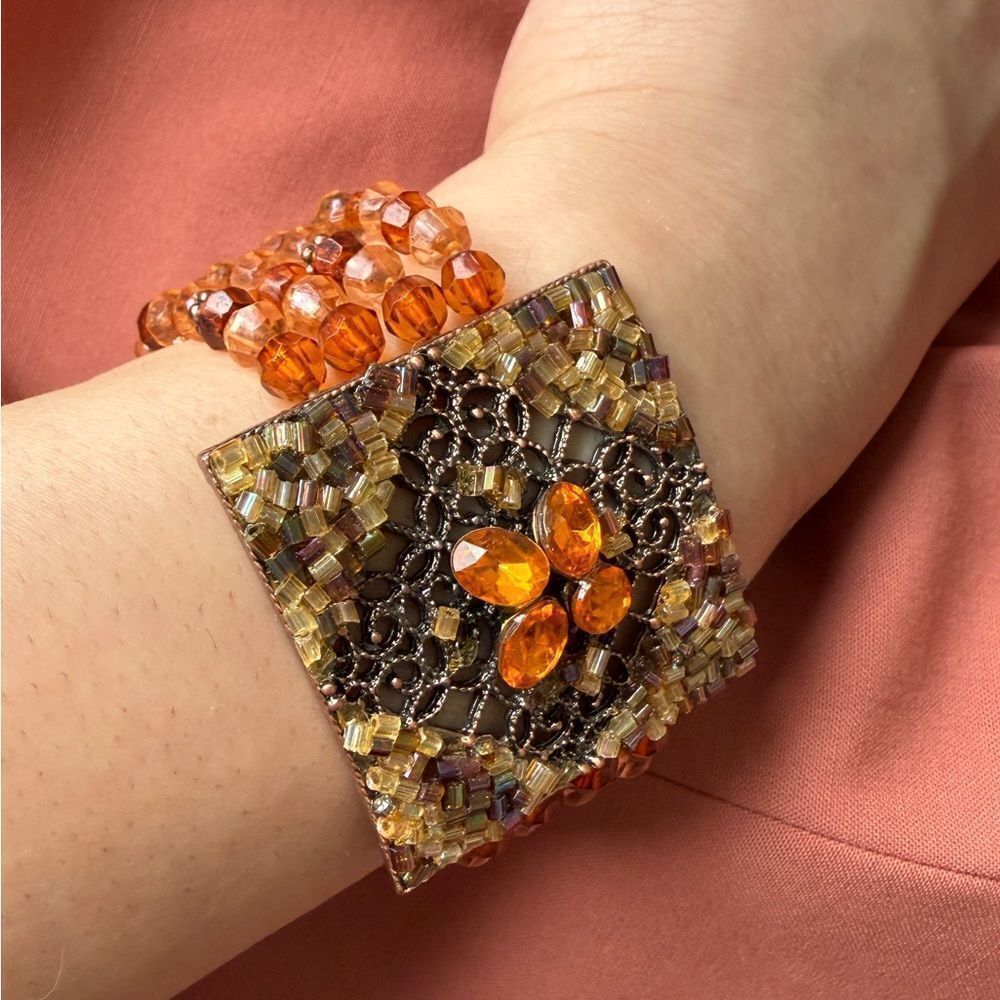 Y2K Multi-stranded Bracelet with a faux Amber Glass, Gems Statement Pendant